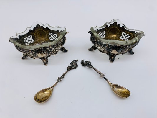 Salt Bowls with Spoons and Glass Inserts, 1890s, Set of 4-BZB-2031483