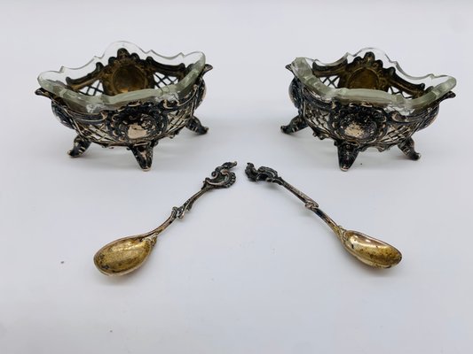 Salt Bowls with Spoons and Glass Inserts, 1890s, Set of 4-BZB-2031483