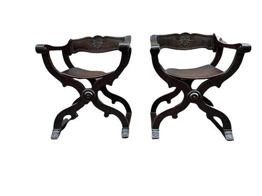 Savonarola Style Chairs with Backrests, 19th Century, Set of 2-PKM-1717584