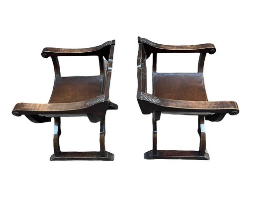 Savonarola Style Chairs with Backrests, 19th Century, Set of 2-PKM-1717584