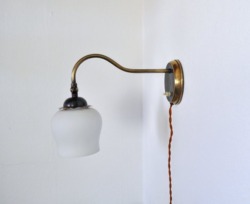 Scandinavian Art Deco Brass & Opaline Glass Wall Lamp, 1930s-HPQ-1315120