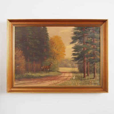 Scandinavian Artist, The Deer by the Road, 1970s, Oil on Canvas, Framed-VND-1736846