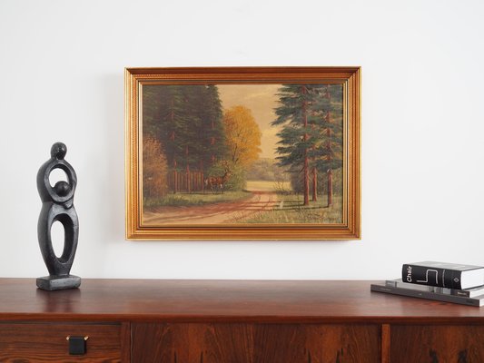 Scandinavian Artist, The Deer by the Road, 1970s, Oil on Canvas, Framed-VND-1736846