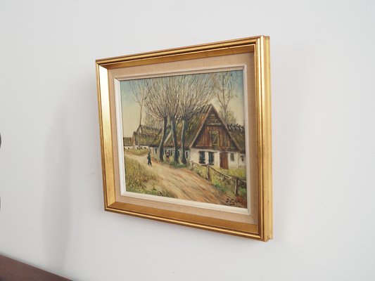 Scandinavian Artist, The Farm Under the Willows, 1960s, Oil on Canvas, Framed-VND-1744122