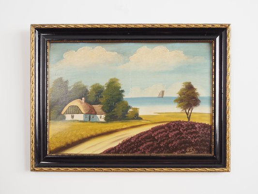 Scandinavian Artist, The Hut by the Sea, 1970s, Oil on Board, Framed-VND-1733022