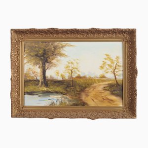 Scandinavian Artist, The Road by the Pond, 1970s, Oil on Canvas, Framed-VND-1752758