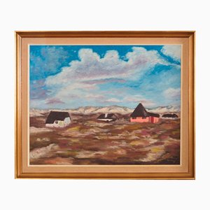 Scandinavian Artist, The Village in the Clouds, 1970s, Oil on Canvas, Framed-VND-1734103