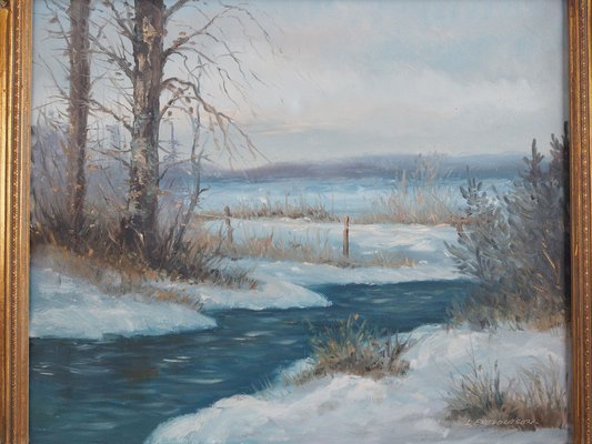 Scandinavian Artist, The Winter Brook, 1970s, Oil on Canvas, Framed-VND-1706407