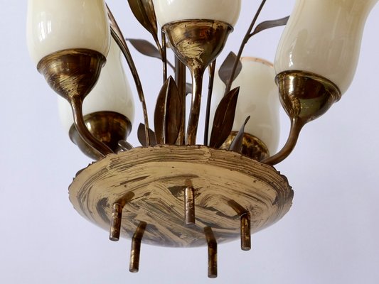 Scandinavian Brass and Opal Glass Ceiling Lamp, 1950s-WPT-1357833