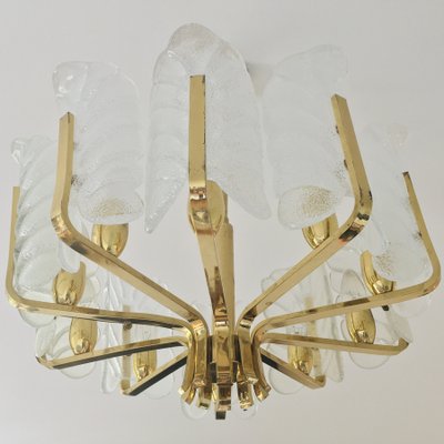 Scandinavian Brass Chandelier with 10 Glass Leaves by Carl Fagerlund for Orrefors, Sweden, 1960s-BMM-1100237