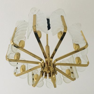 Scandinavian Brass Chandelier with 10 Glass Leaves by Carl Fagerlund for Orrefors, Sweden, 1960s-BMM-1100237