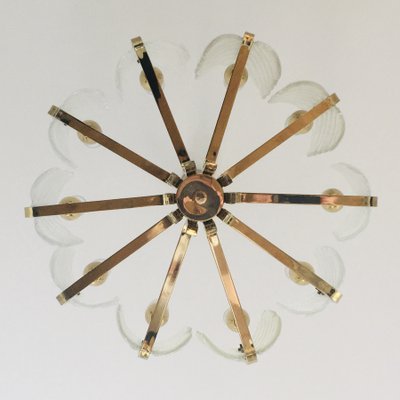 Scandinavian Brass Chandelier with 10 Glass Leaves by Carl Fagerlund for Orrefors, Sweden, 1960s-BMM-1100237