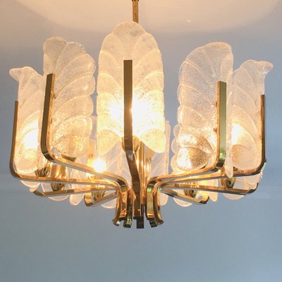 Scandinavian Brass Chandelier with 10 Glass Leaves by Carl Fagerlund for Orrefors, Sweden, 1960s-BMM-1100237