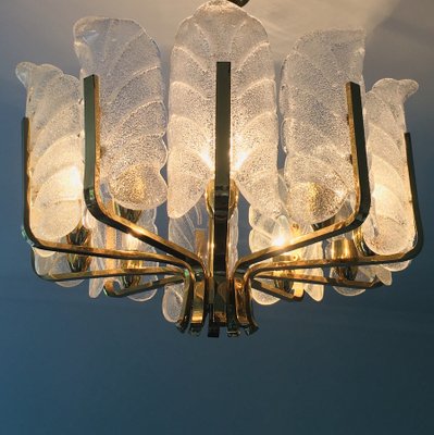 Scandinavian Brass Chandelier with 10 Glass Leaves by Carl Fagerlund for Orrefors, Sweden, 1960s-BMM-1100237