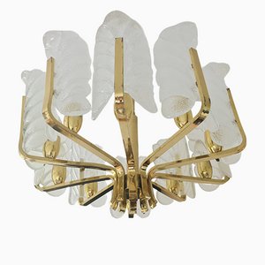 Scandinavian Brass Chandelier with 10 Glass Leaves by Carl Fagerlund for Orrefors, Sweden, 1960s-BMM-1100237