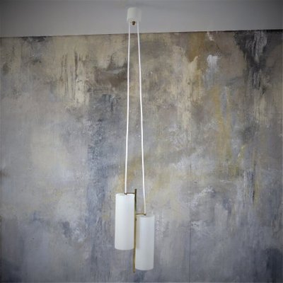 Scandinavian Ceiling Lamp in Brass and Opal Glass, 1950s-WK-726677