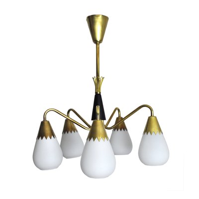 Scandinavian Ceiling Lamp in Brass and Opaline Glass, 1950s-HPQ-1417615