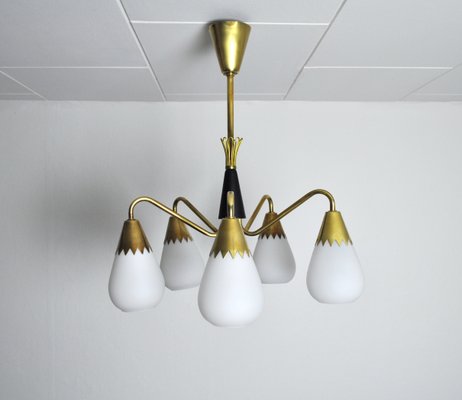 Scandinavian Ceiling Lamp in Brass and Opaline Glass, 1950s-HPQ-1417615