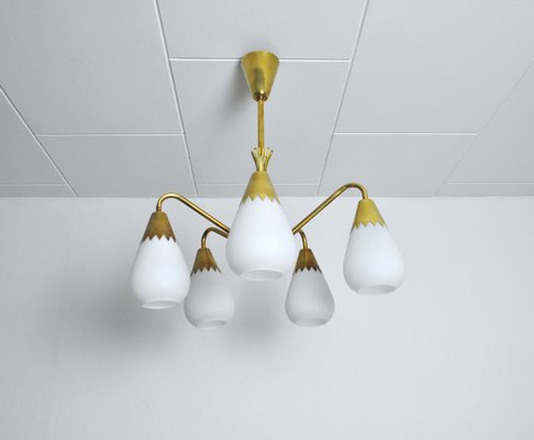 Scandinavian Ceiling Lamp in Brass and Opaline Glass, 1950s-HPQ-1417615