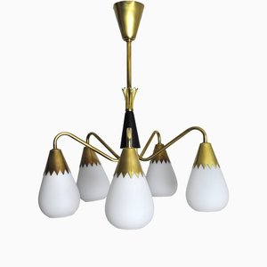 Scandinavian Ceiling Lamp in Brass and Opaline Glass, 1950s-HPQ-1417615