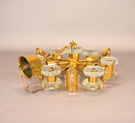 Scandinavian Chandelier in Brass and Glass from Orrefors, 1960s-AOU-1765320