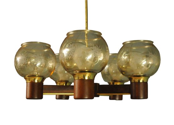 Scandinavian Chandelier in Mahogany and Brass, 1960s-KDW-1821290