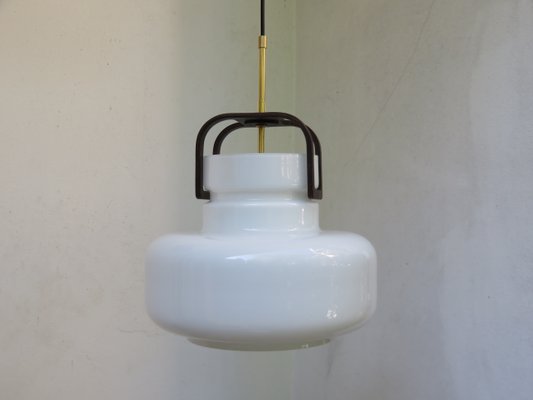 Scandinavian Glass, Wood, and Brass Ceiling Lamp, 1960s-EY-709671