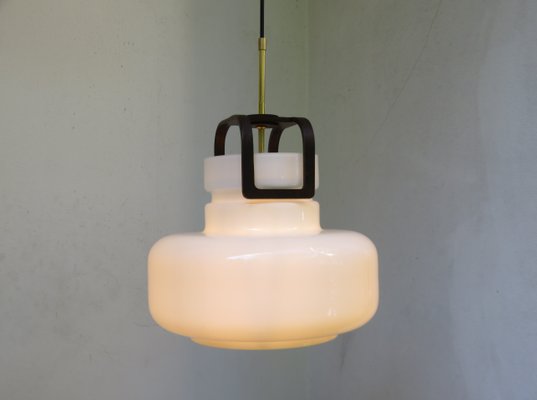 Scandinavian Glass, Wood, and Brass Ceiling Lamp, 1960s-EY-709671