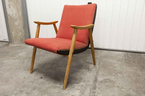 Scandinavian Honey-Colored Beech, Red Fabric & Black Skai Armchair, 1950s-VQY-1152613