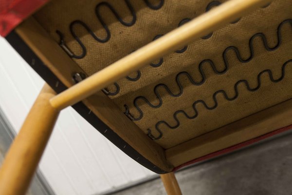 Scandinavian Honey-Colored Beech, Red Fabric & Black Skai Armchair, 1950s-VQY-1152613