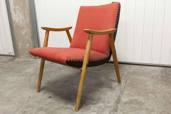 Scandinavian Honey-Colored Beech, Red Fabric & Black Skai Armchair, 1950s-VQY-1152613