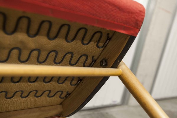 Scandinavian Honey-Colored Beech, Red Fabric & Black Skai Armchair, 1950s-VQY-1152613