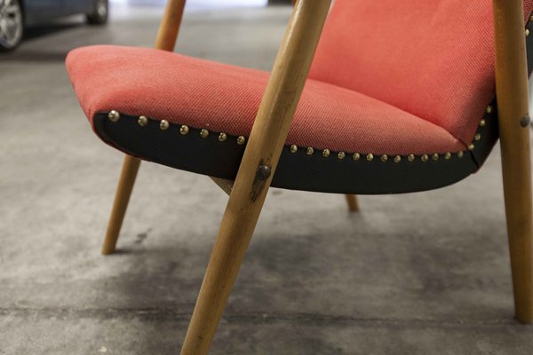 Scandinavian Honey-Colored Beech, Red Fabric & Black Skai Armchair, 1950s-VQY-1152613