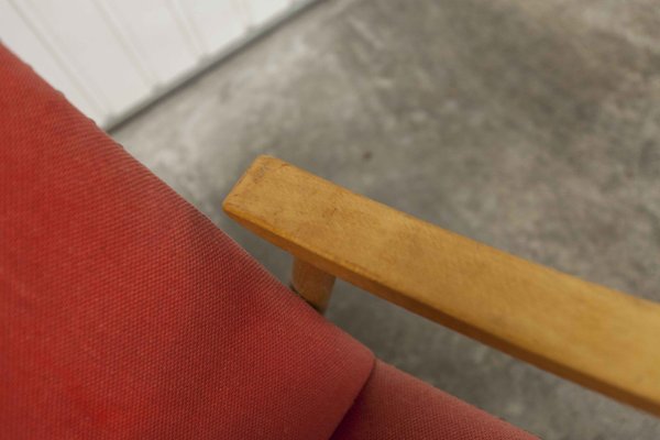 Scandinavian Honey-Colored Beech, Red Fabric & Black Skai Armchair, 1950s-VQY-1152613