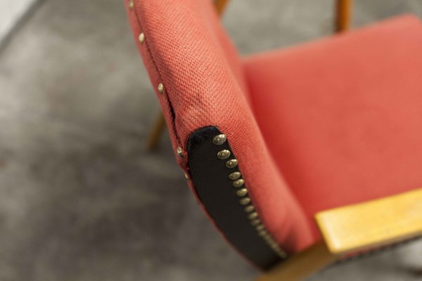 Scandinavian Honey-Colored Beech, Red Fabric & Black Skai Armchair, 1950s-VQY-1152613