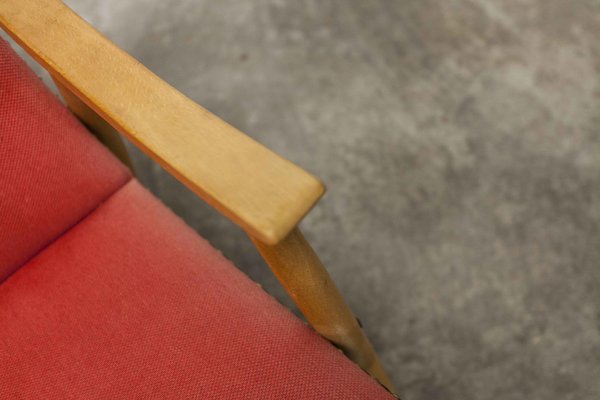 Scandinavian Honey-Colored Beech, Red Fabric & Black Skai Armchair, 1950s-VQY-1152613