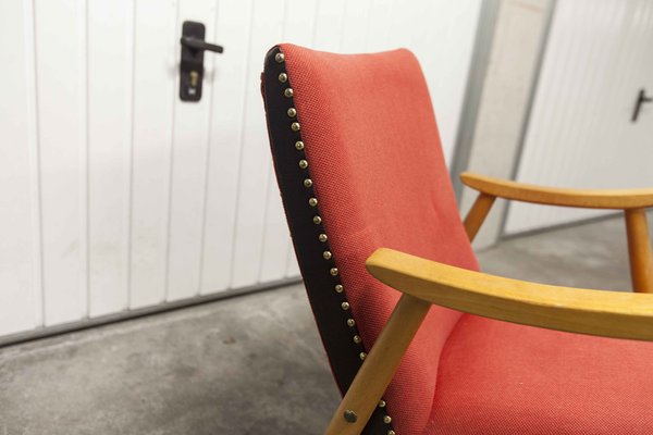 Scandinavian Honey-Colored Beech, Red Fabric & Black Skai Armchair, 1950s-VQY-1152613