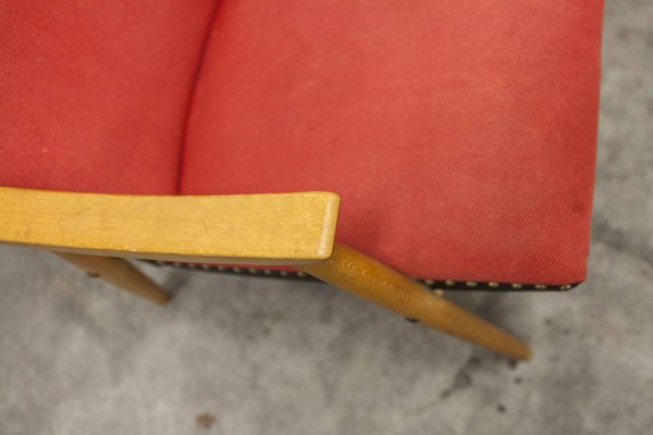 Scandinavian Honey-Colored Beech, Red Fabric & Black Skai Armchair, 1950s-VQY-1152613