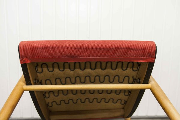 Scandinavian Honey-Colored Beech, Red Fabric & Black Skai Armchair, 1950s-VQY-1152613