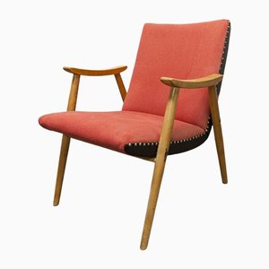 Scandinavian Honey-Colored Beech, Red Fabric & Black Skai Armchair, 1950s-VQY-1152613