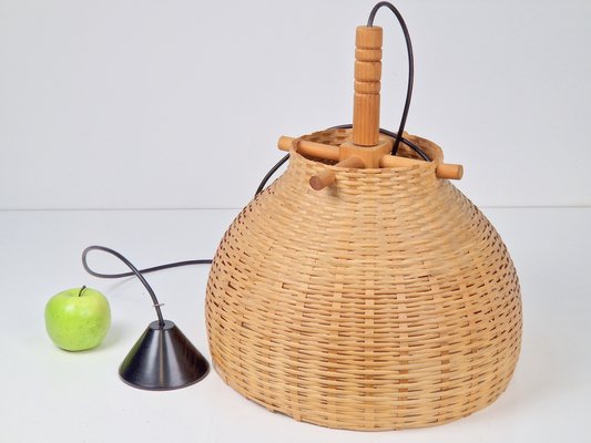 Scandinavian Japandi Style Wicker Rattan and Pine Hanging Lamp, 1960s-1970s-AXJ-1742754