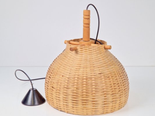 Scandinavian Japandi Style Wicker Rattan and Pine Hanging Lamp, 1960s-1970s-AXJ-1742754