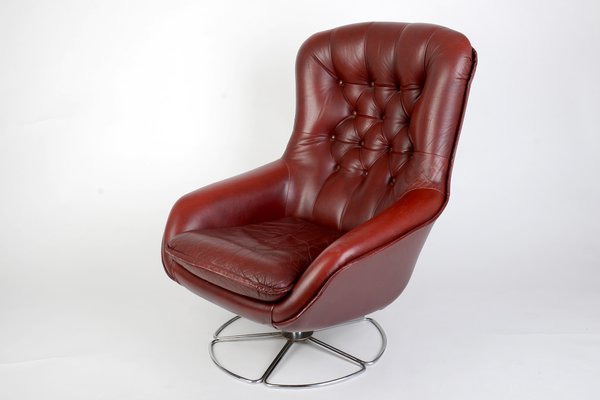 Scandinavian Leather & Chrome Base Swivel Lounge Chair, 1970s-VHD-1215935