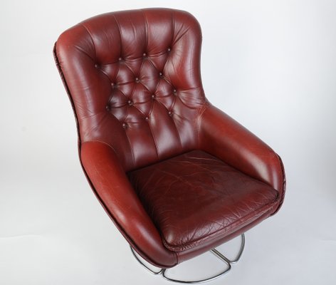 Scandinavian Leather & Chrome Base Swivel Lounge Chair, 1970s-VHD-1215935