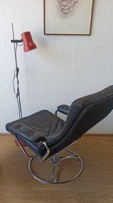 Scandinavian Leather Lounge Chair with Footstool, 1970s, Set of 2-ZEF-1821847