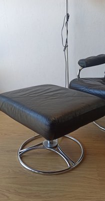 Scandinavian Leather Lounge Chair with Footstool, 1970s, Set of 2-ZEF-1821847