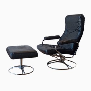 Scandinavian Leather Lounge Chair with Footstool, 1970s, Set of 2-ZEF-1821847