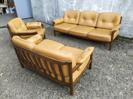 Scandinavian Leather Sofas and Lounge Chair, 1970s, Set of 3-EAD-1742690