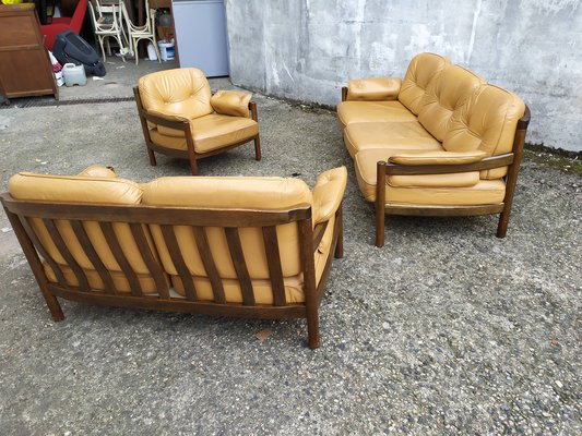 Scandinavian Leather Sofas and Lounge Chair, 1970s, Set of 3-EAD-1742690