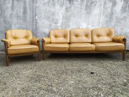 Scandinavian Leather Sofas and Lounge Chair, 1970s, Set of 3-EAD-1742690